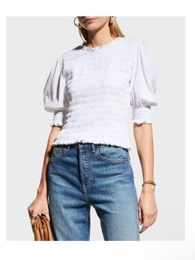 Veronica Beard Langston Smocked Ruffle Top Blouse White Elevated Basic S Cotton